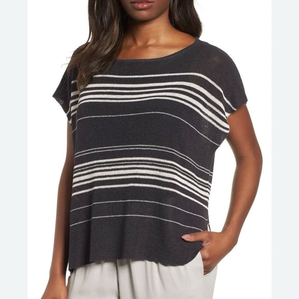 Eileen Fisher Bateau Organic Linen Poncho Top Size S boho lagenlook boxy